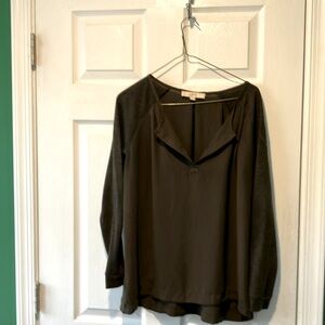 LOFT XS blouse baseball knit sleeves, sheer bodice olive green top shirt